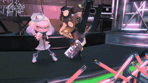 a video game character holding a keyboard that says ' squid ' on it