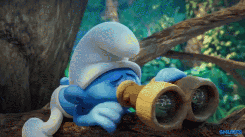 a smurf is looking through binoculars on a tree branch