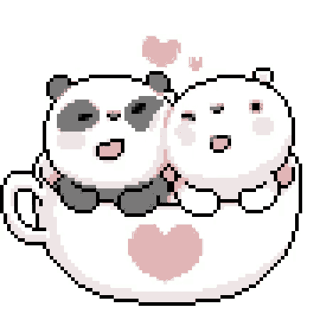 two panda bears are hugging in a cup with a pink heart .