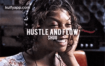 a woman is smiling with the words `` hustle and flow smug '' written above her .
