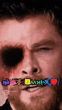 a close up of a man 's face with a black eye and the words " fm 3 jam " written on his mouth