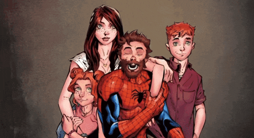 a cartoon of a family posing for a picture with spider man