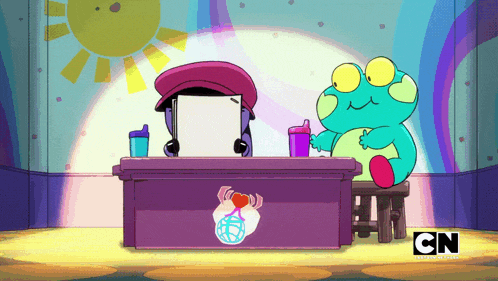 two cartoon characters sitting at a desk with cn written on the bottom right