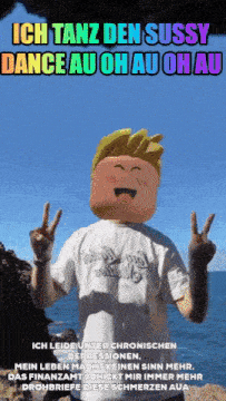 a man with a roblox head giving a peace sign in front of the ocean