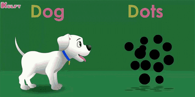 a cartoon dog is looking at dots on a green surface