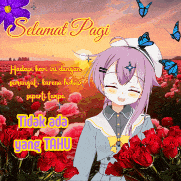 a girl with a cross on her head is surrounded by red roses and butterflies