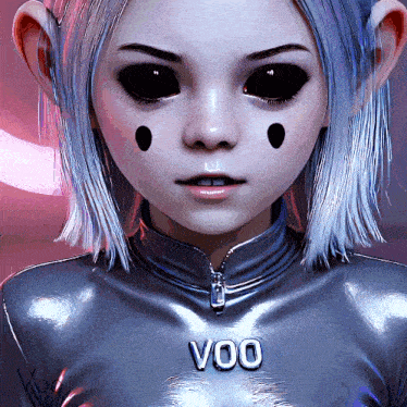 a close up of a girl with black eyes and the word voo on her shirt