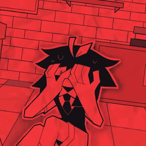 a black and red drawing of a person covering their eyes