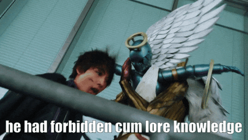 a man standing next to a statue with the words he had forbidden cum lore knowledge