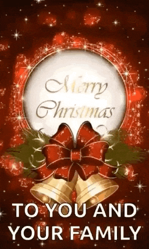 a merry christmas card with bells and a red bow .