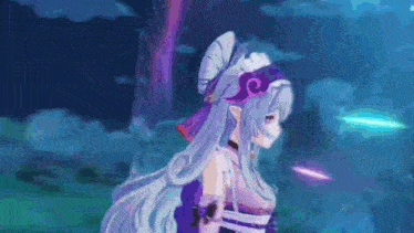 a girl with long blue hair and a purple headband is standing in the dark .