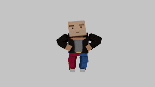 a cartoon character is wearing a black jacket and red pants