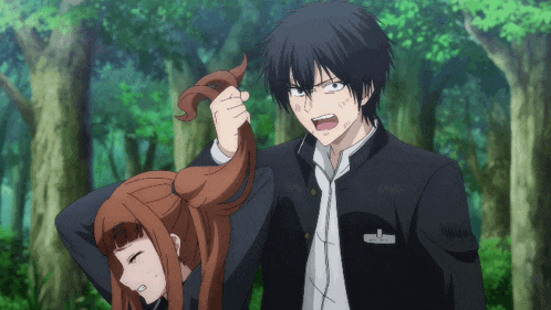 a boy is holding a girl 's hair in a ponytail while a girl looks on