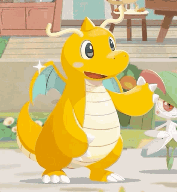 a cartoon drawing of a yellow dragon with a white tail