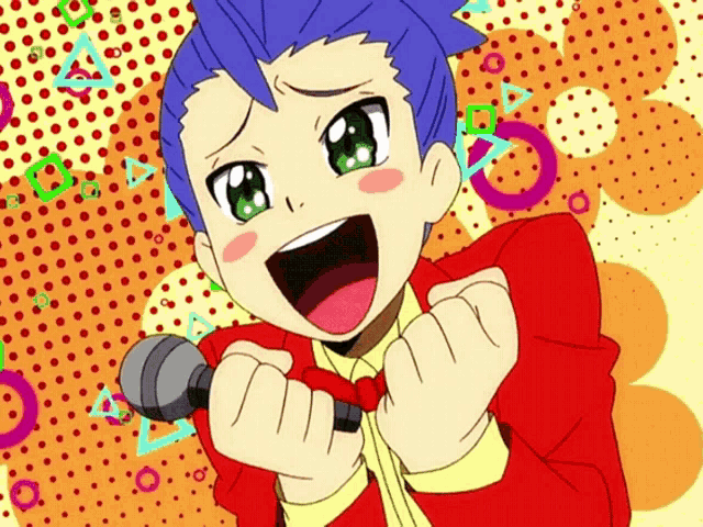 a boy with blue hair is holding a microphone in his hands