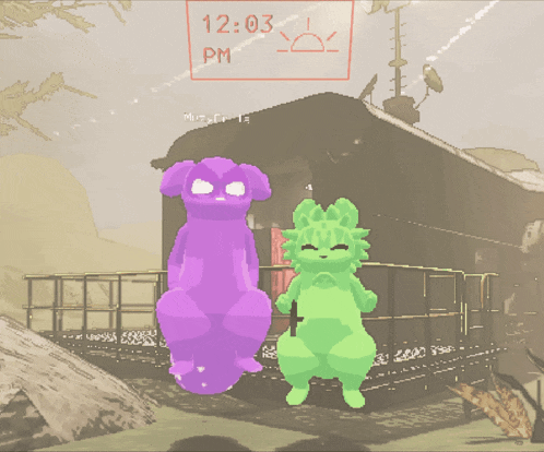 a purple dog and a green cat are standing in front of a building with a clock that says 12:03 pm