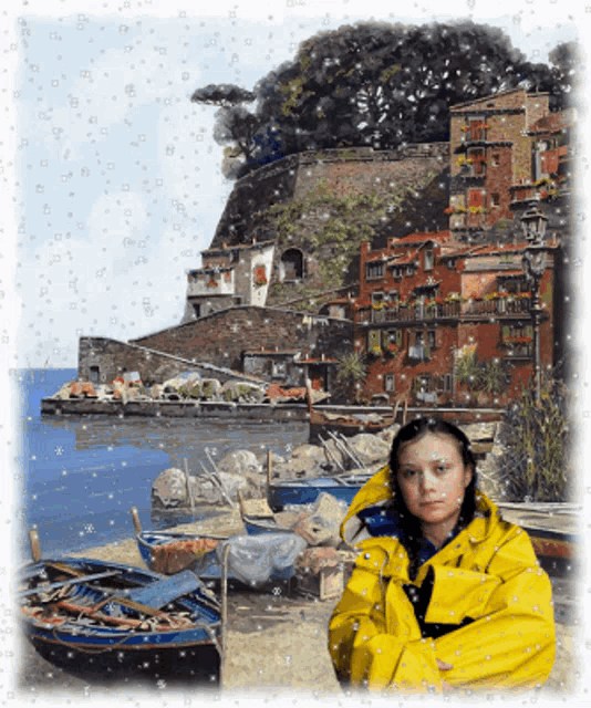 a girl in a yellow jacket stands in front of a painting of boats