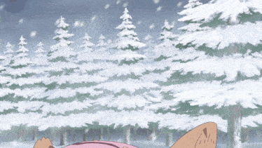 a snowy forest with trees covered in snow and a cat in the foreground