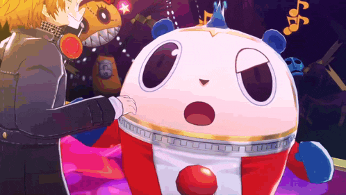 a cartoon of a man holding a stuffed animal that looks like a panda