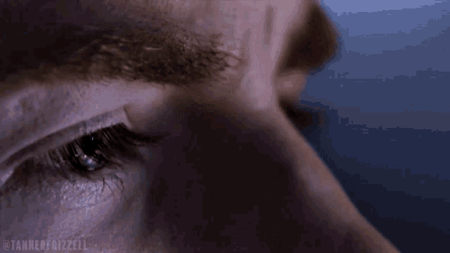 a close up of a man 's eye with the words tannerfogizell visible