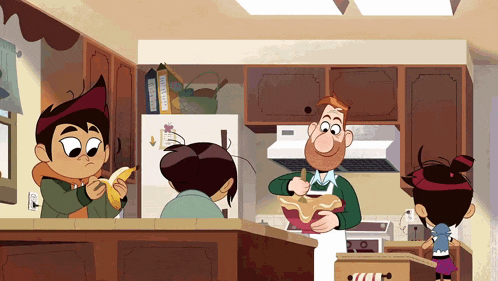 a cartoon drawing of a family in a kitchen with a fridge that has a box of raisin bran on it