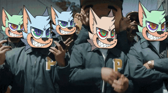a group of people wearing jackets with the letter p on it