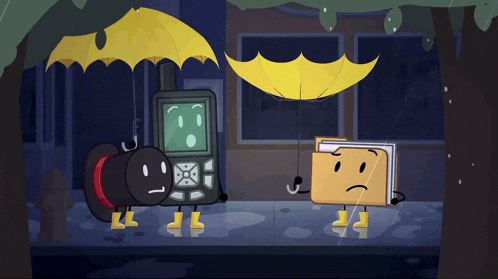a cartoon character holding an umbrella with a sad face