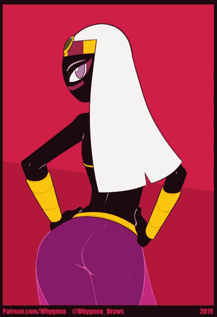 a cartoon drawing of a woman with her hands on her hips and the year 2019 on the bottom right