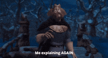 a cartoon character says " me explaining again " in front of trees