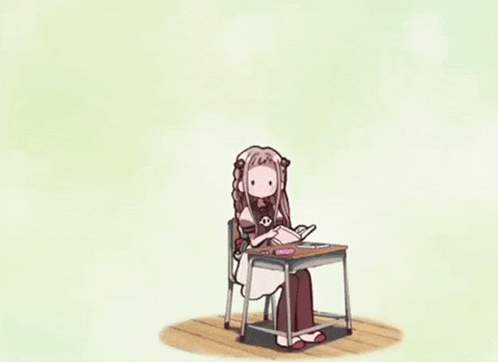 a cartoon of a girl sitting at a desk with a question mark above her head