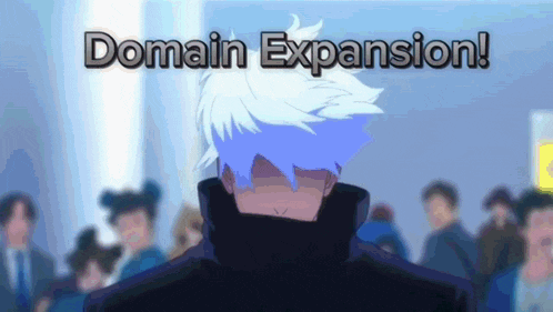 a man with blue hair is standing in front of a crowd with the words domain expansion written below him
