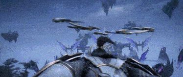 a person is riding a horse in a video game with a bunch of flying objects in the sky .