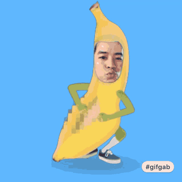 a cartoon of a man in a banana costume with #gifgab written on the bottom