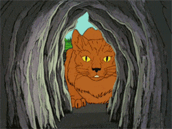a cartoon of a cat in a cave looking out