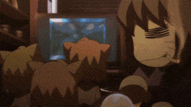 a group of cartoon characters are watching a tv