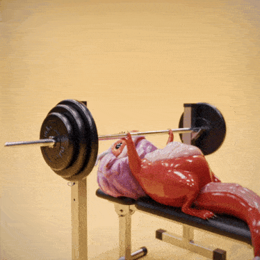 a statue of a dragon is lifting a barbell on a bench that says ' wolf ' on it