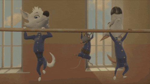 a cartoon of a dog and two mice hanging on a bar