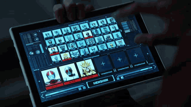 a person is using a tablet that has henshin on the screen
