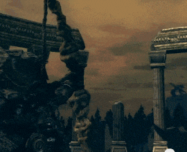 a video game scene with a statue in the foreground and columns in the background