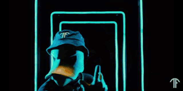 a duck wearing a blue hat with a t on it