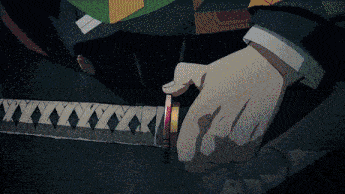 a close up of a person holding a sword with a red tip