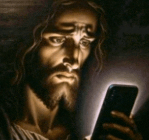 a painting of jesus holding a cell phone in his hand