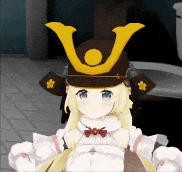 a cartoon girl wearing a samurai hat