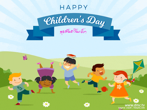 a happy children 's day greeting card with kids playing in a field