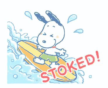 a cartoon of snoopy riding a surfboard in the ocean with the words stoked below him