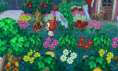 a cartoon rabbit is standing in a garden with flowers