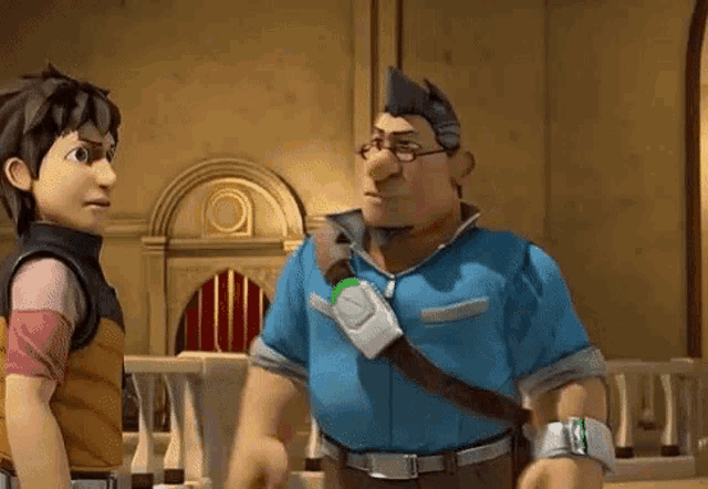 two cartoon characters are standing next to each other and talking .