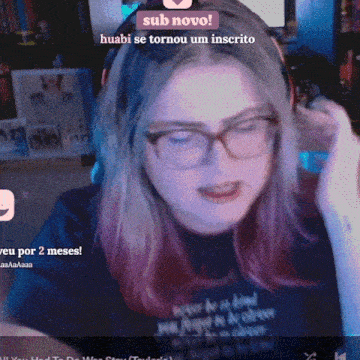 a woman wearing glasses and a black shirt with the words " eu por 2 meses " on it