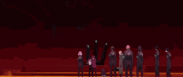 a group of people standing in front of a large hand reaching out towards them .