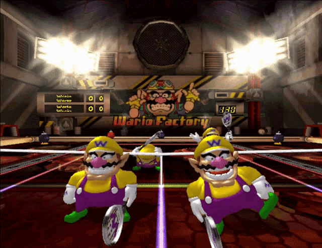 two wario characters are playing tennis in front of a wario factory sign